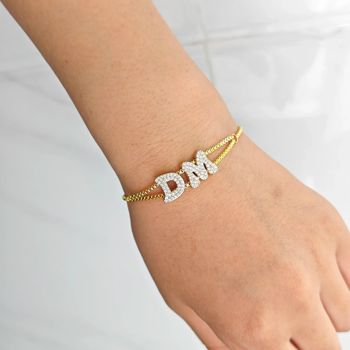 DOREMI Crystal Zircon Name Customized Letter Doubel Chain Mesh Dainty Sliding Slider Letter Personalize Name Bracelets