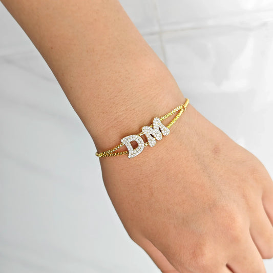 DOREMI Crystal Zircon Name Customized Letter Doubel Chain Mesh Dainty Sliding Slider Letter Personalize Name Bracelets
