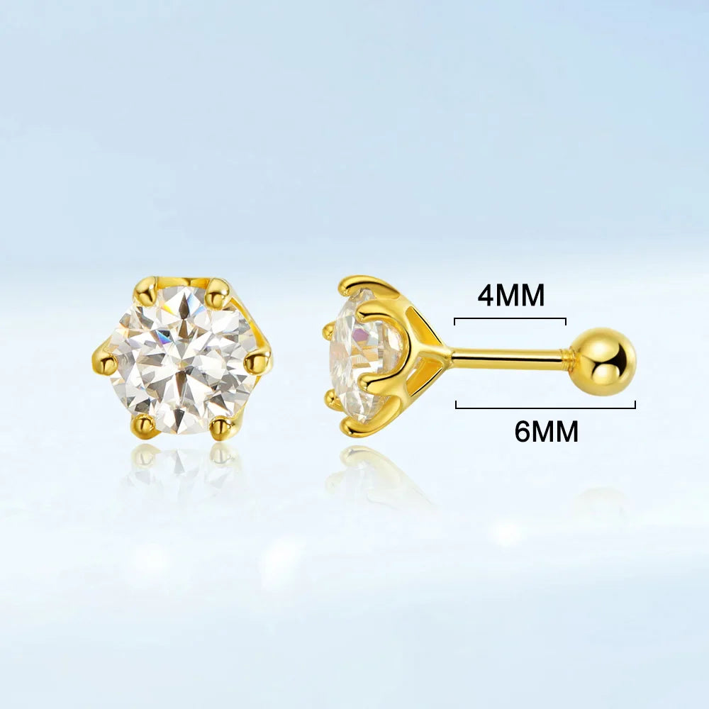 EWYA 0.2/0.5/2ct D Color Moissanite Screw Stud Earrings for Women Men Silver 925 Plated 18K Pass Diamond Test 6 Prong Earring