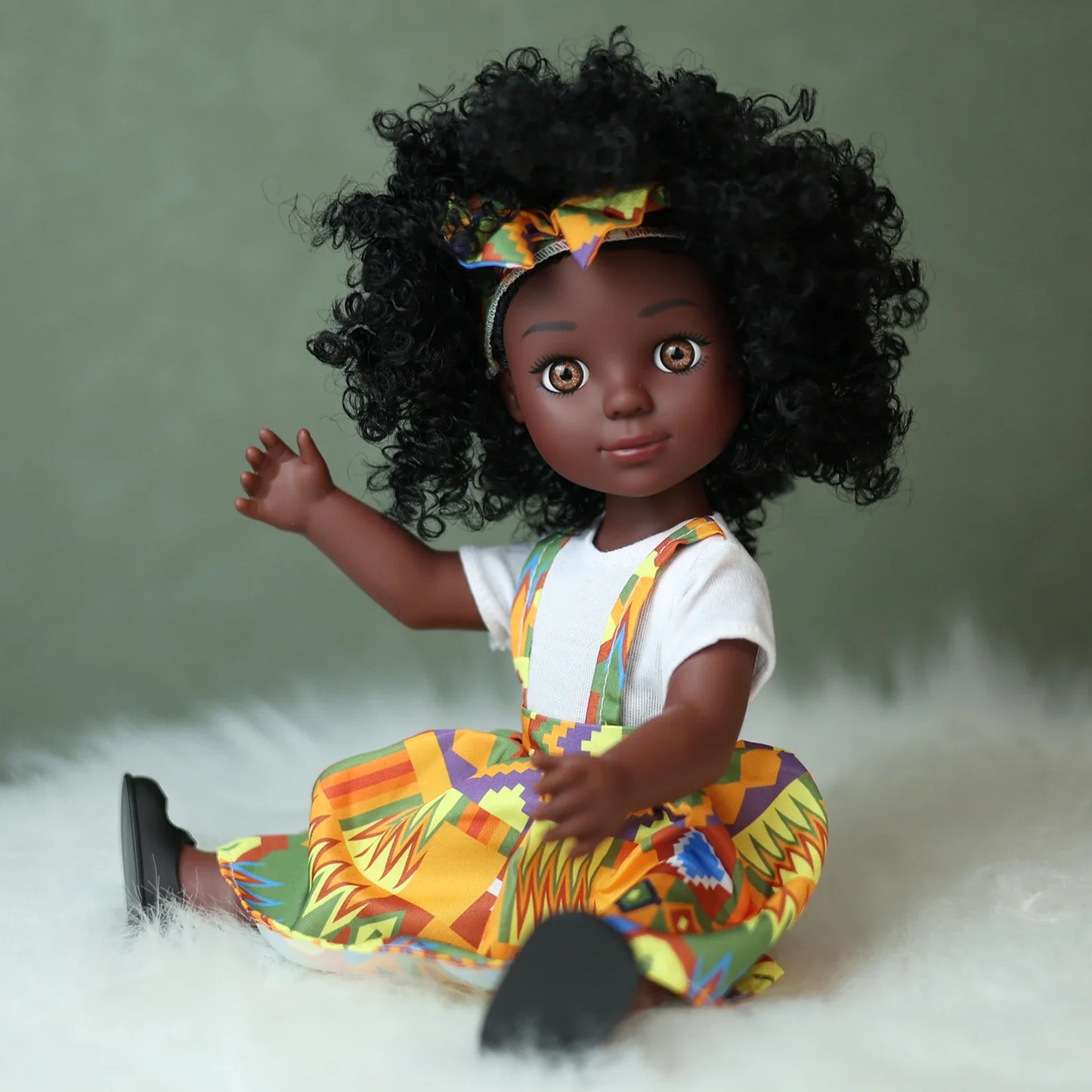 One Piece 14 Inch American African Black Doll with Curly Hair - Perfect Gift for Girls on Birthday - Full Set Included