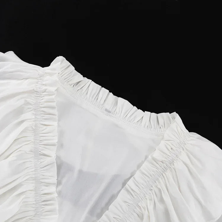 Talenza White Ruffle Bandage Mini Dress Women's Elegant Patchwork Long Sleeve Dress New Slim V Neck Lace Up Summer Mini Dress