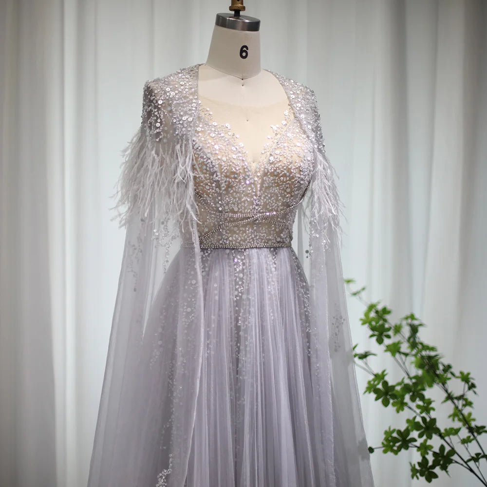 Homecoming Dresses: Evening Dresses with Feather Cape Shawl Arabic Formal