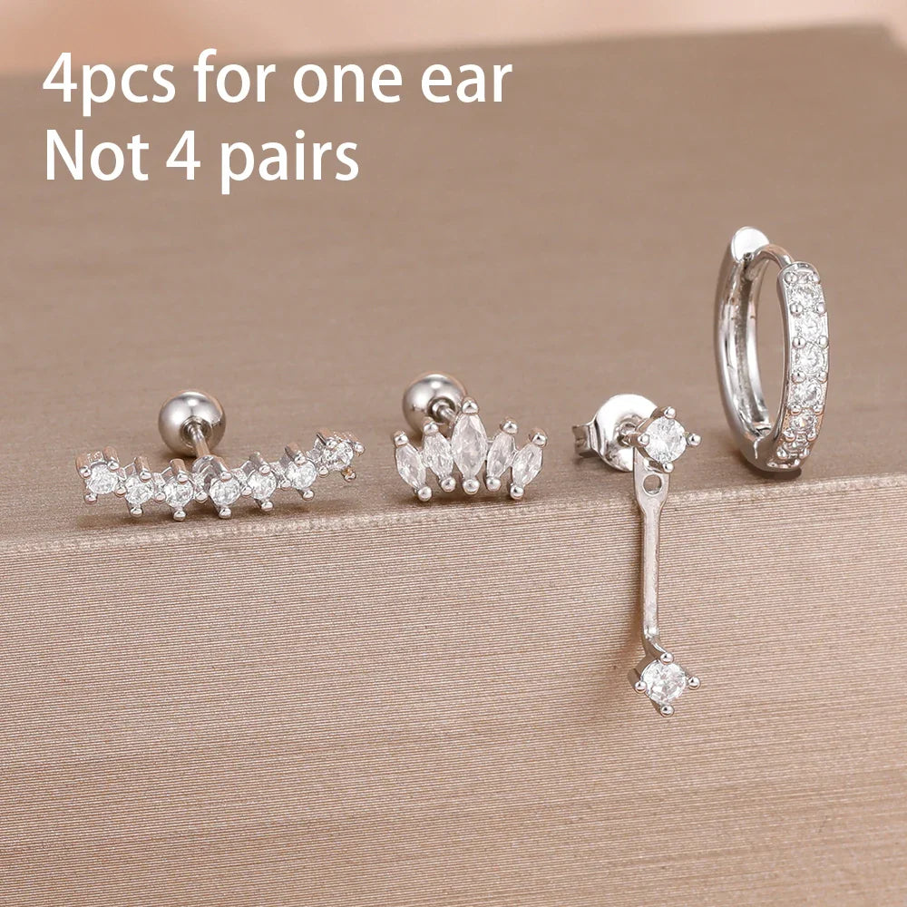 4PCS Stainless Steel Circle Huggie Hoop Earrings Set for Women Gold Color Unique Zircon Flower Stud Earring Piercing Jewelry