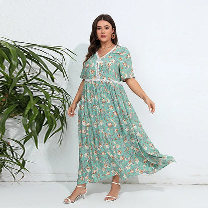 French style western-style oversized dress with cotton, cotton, silk, lace, and floral hem plus size women clothing