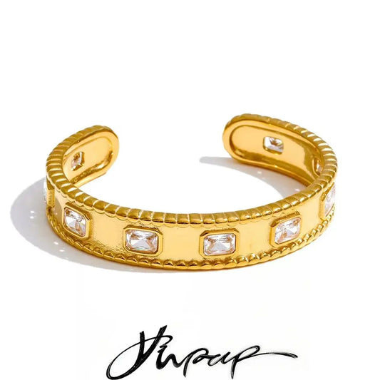 Yhpup 62mm High Quality Stainless Steel Square Zirconia Cuff Bracelet Bangle Trending Texture Premium Jewelry Recommend