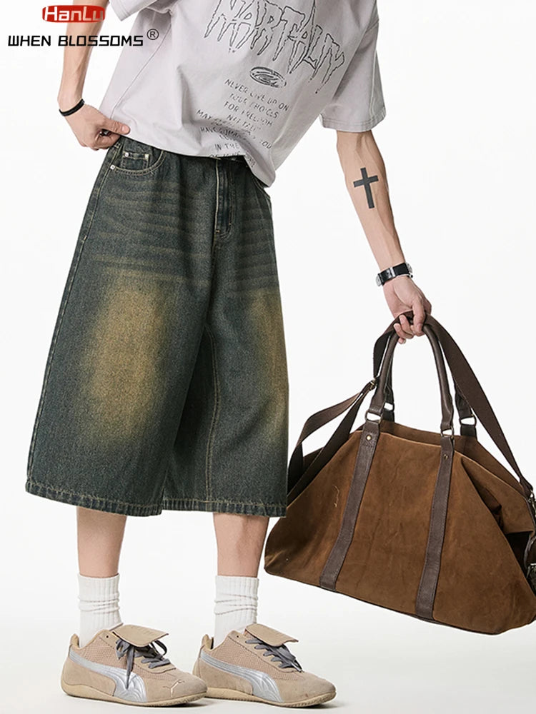 2025 Summer Men's Wide Leg Jeans Shorts Vintage Distressed Wash Y2K Straight Elastic Waist Loose Casual Relaxed Fit