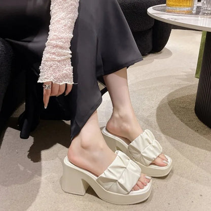 Ladies Shoes on Sale 2024 New Fashion Square Toe Anti-wrinkle Women's Slippers Summer High-heeled Casual Women Fish Mouth Shoes