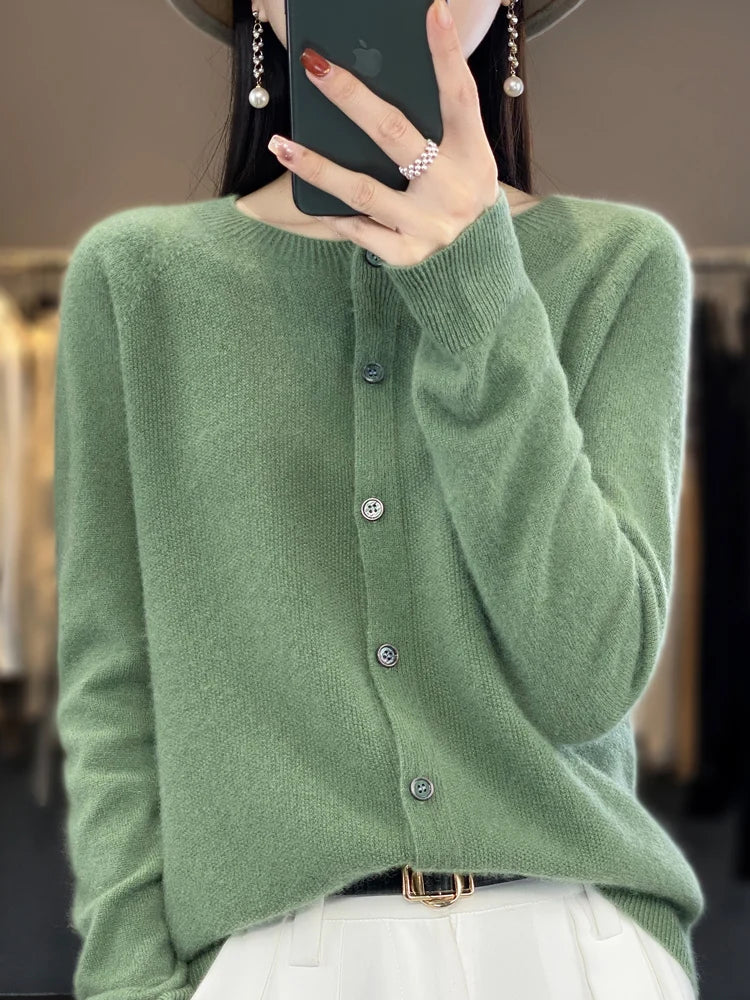 Long Sleeve 100% Merino Wool Sweaters Cashmere Cardigan Spring Autumn Women