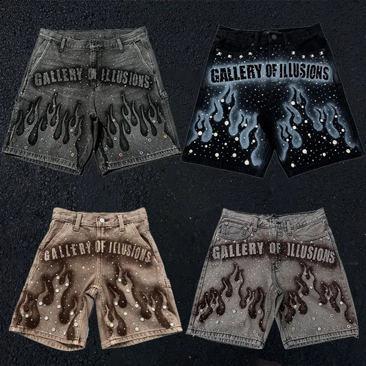 Y2K Denim Shorts Vintage Flame Pattern Rhinestone Decoration High Waist Denim Shorts Harajuku Hip Hop Men NEW fashion Streetwear