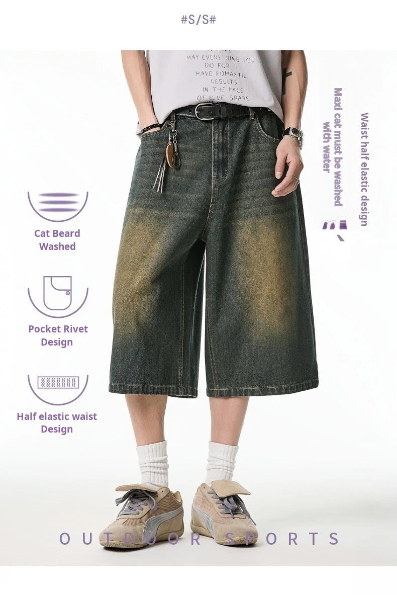 2025 Summer Men's Wide Leg Jeans Shorts Vintage Distressed Wash Y2K Straight Elastic Waist Loose Casual Relaxed Fit