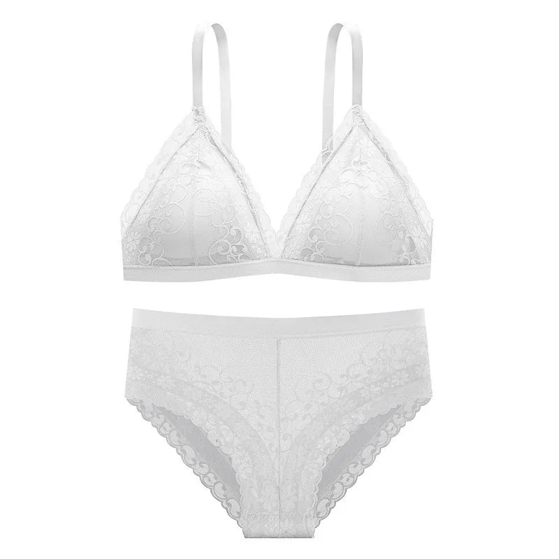 Women Lace Bra Set Deep V Bralette Low Waist Panties Seamless Underwear