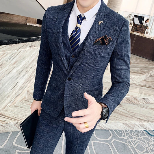 Modified Plaid Men (suit + Vest + Trousers) Stylish and Handsome Business