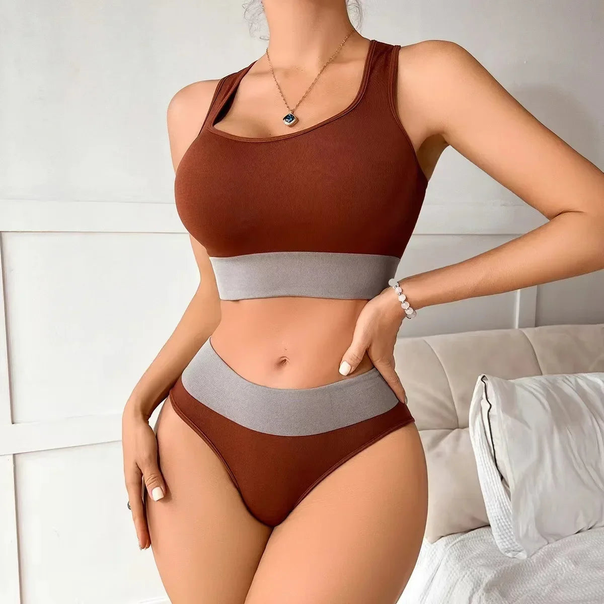 Women Seamless Bra Set Panties Mid Waist Comfortable Sports Underwear Set