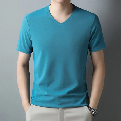 2024 Men's New Waffle V Neck Short Sleeved T-shirt Summer Comfortable Top