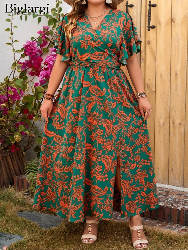 Plus Size Summer Flower Floral V-Neck Long Dress Women Split Loose Pleated Modis Ladies Dresses Short Sleeve Casual Woman Dress