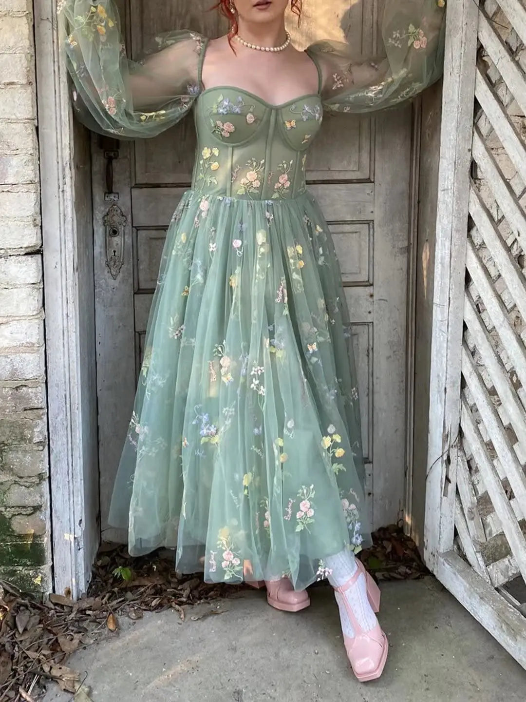 Evening wear Dresses: Green Prom Dress Puff Long Sleeve Evening Women Outfit
