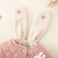 cotton jacket for girls, winter children's clothing cartoon furry rabbit ears, solid color round neck cotton jacket