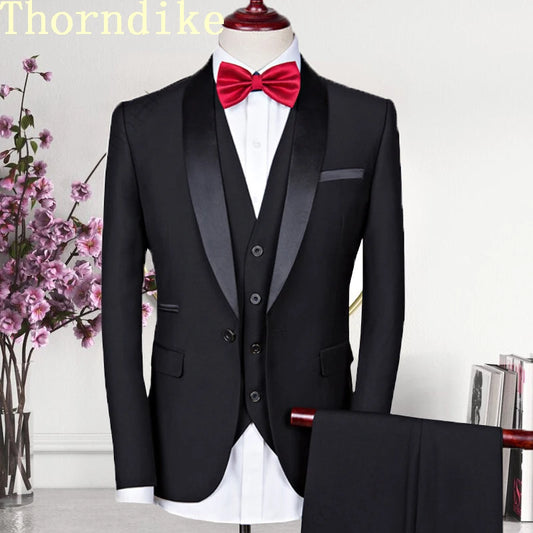 Men Suits 3 Pieces Black Fit Casual Groomsmen Army Lapel Business