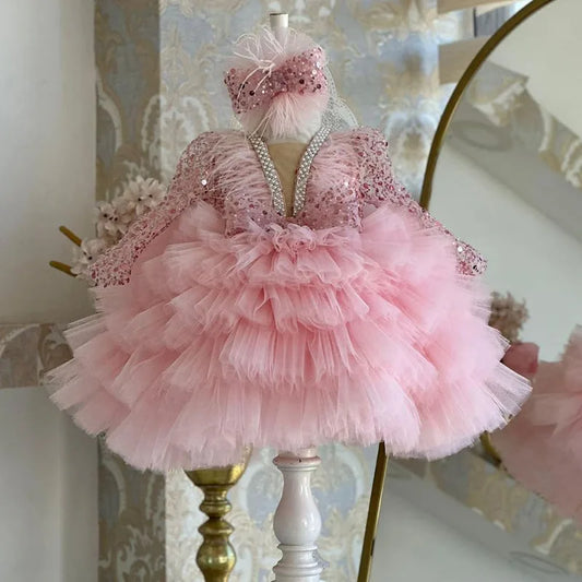 Gorgeous and elegant V-neck sequin long sleeved girl's dress for children's piano performance runway performance mesh cake dress