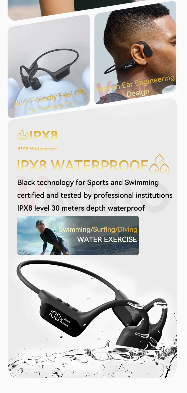 S10 Bluetooth 5.4 True Bone Conduction Headphones IPX8 Waterproof DT5.0 MP3 Built-in 32GB Memory LED Digital Display For Swiming