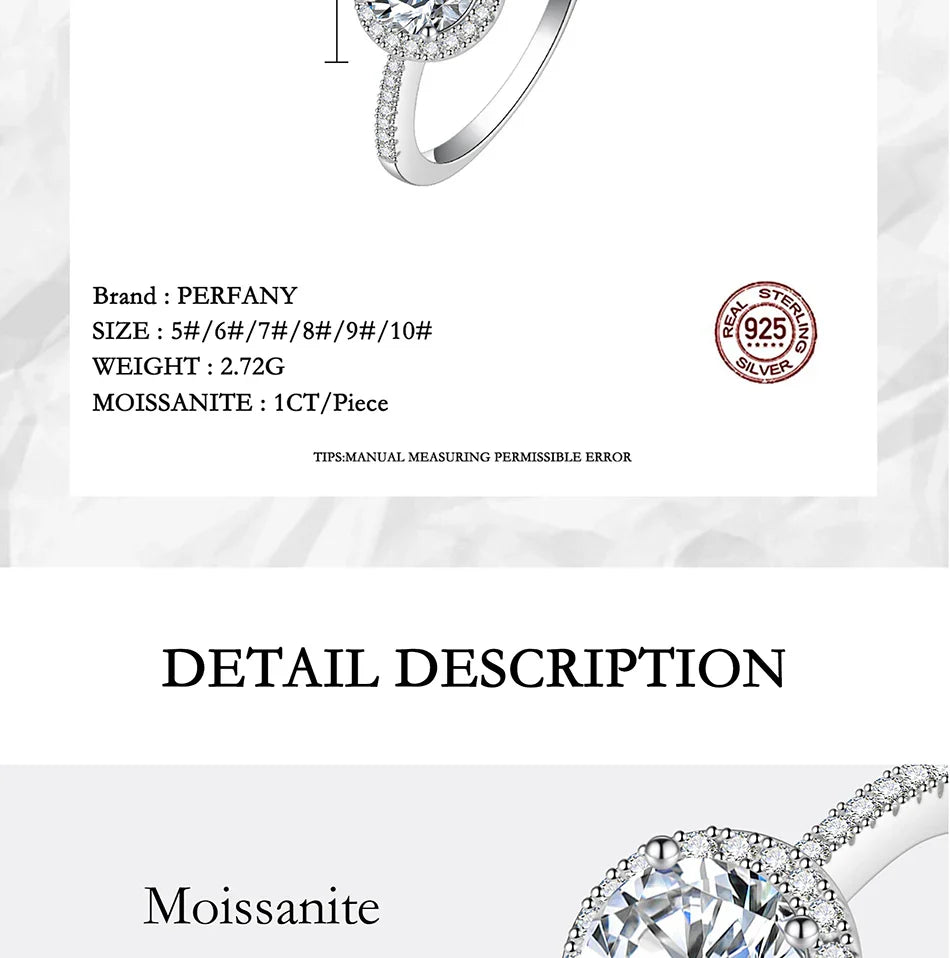 PERFANY Moissanite Ring For Women S925 Pure Silver Plated 18K White Gold Round Diamond Proposal Wedding High-end Jewelry