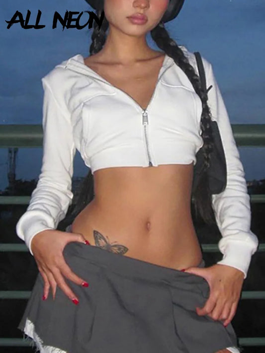 Y2K Aesthetic Vintage Basic Zip Up White Cropped Hoodies 2000s