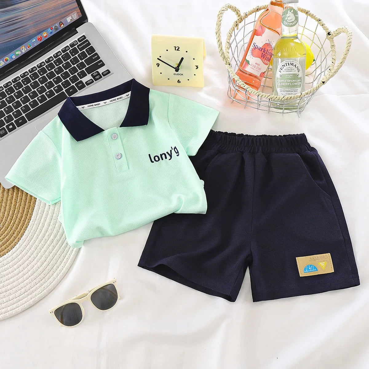 ‌Boys' 2025 New Summer Polo Shirt & Shorts 2-Piece Set Trendy Sporty Waffle Knit Outfit Cool Casual Toddler Kids Clothing