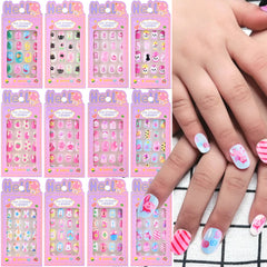 24Pcs Cartoon Children Acrylic Fake Nail Colorful Cute Pink Strawberry/Pig Press on Nails With File+Jelly Gel Girl Nail Tips Set