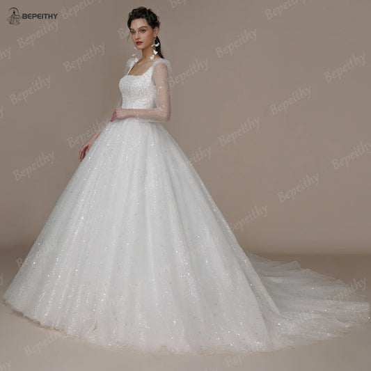 Wedding Dresses For Women Long Sleeves Glitter Open Back Bridal Modern