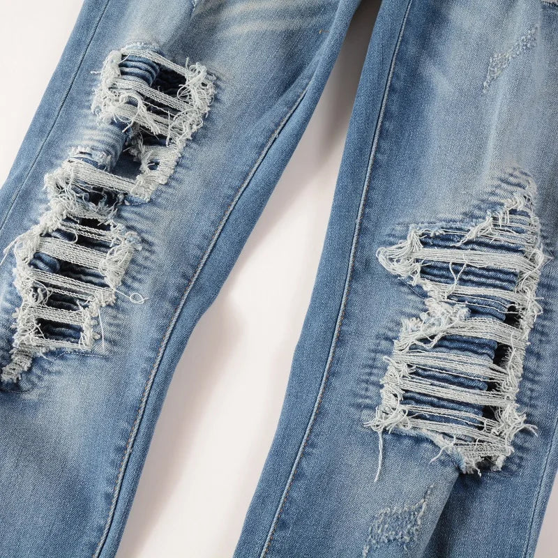Men Stretch Denim Biker Jeans Classic Blue Pleated Patch Patchwork Ripped Pants