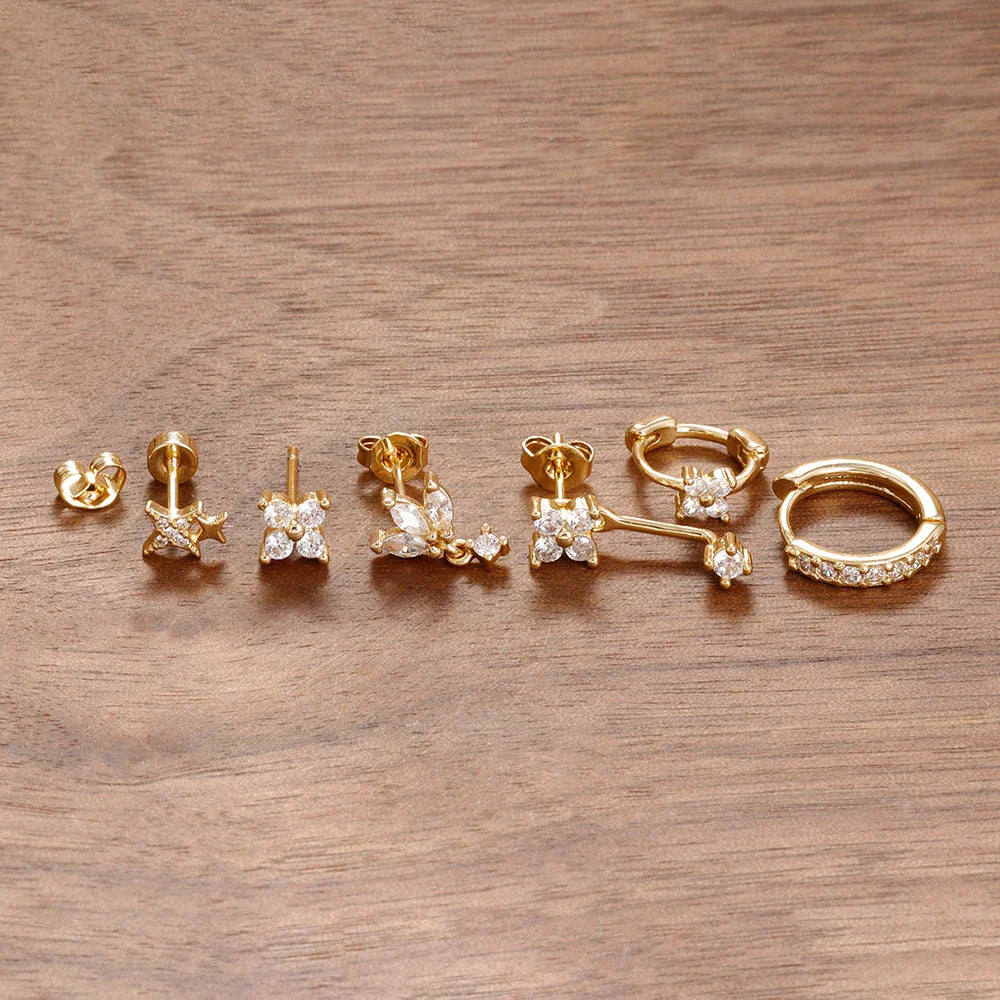 6PCS Fashion Cute Zircon Flower Ear Stud For Women Fashion 18K Gold Plated Star Ear Stud Earring Piercing Girl Set Jewelry Gift