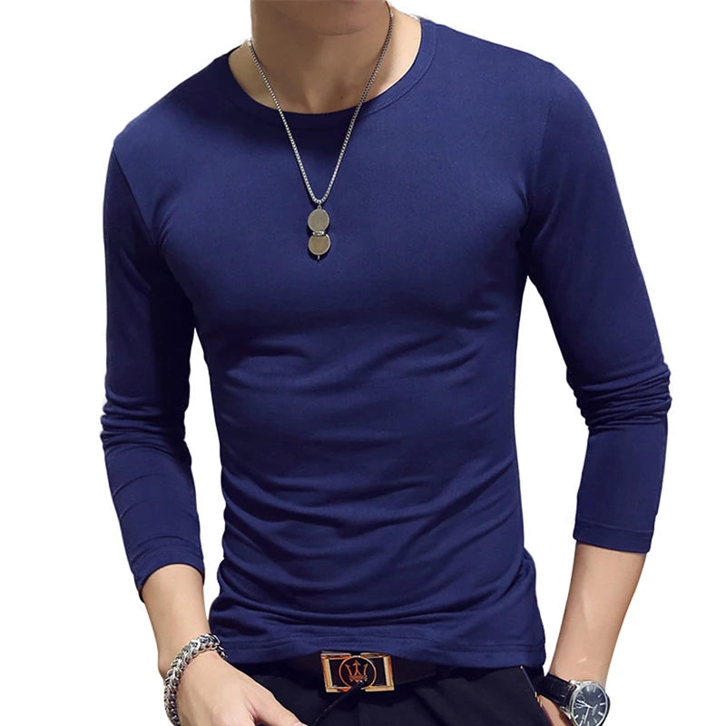 White Solid Color Basic Slim Men T-shirt Spring Autumn Bottoming Shirt Men Round Neck V-neck Casual Tops Long-sleeve Shirts