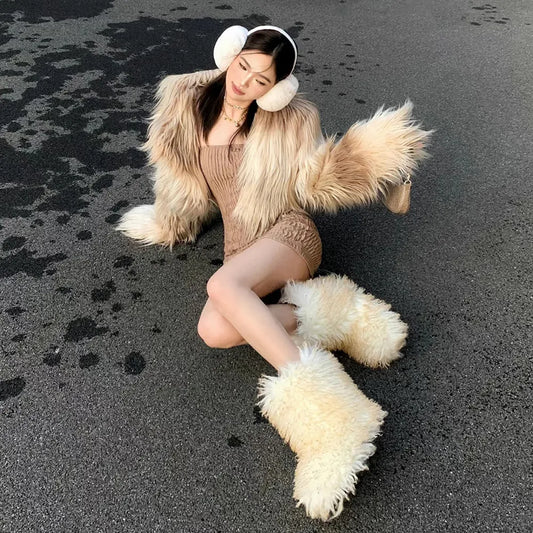 Winter Warm Plush Snow Boots for Women Furry Fluffy Faux Mongolian Fur Boots