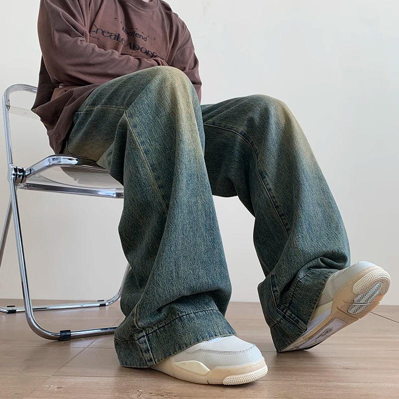 Distressed Vintage Blue Jeans Pants Men Wide-leg Denim Trousers Male