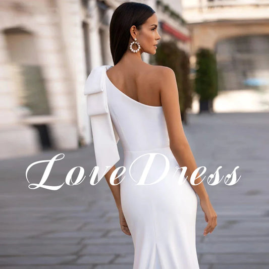 Love Simple One Shoulder Big Bow Meimaid Stain Wedding Dress Elegant