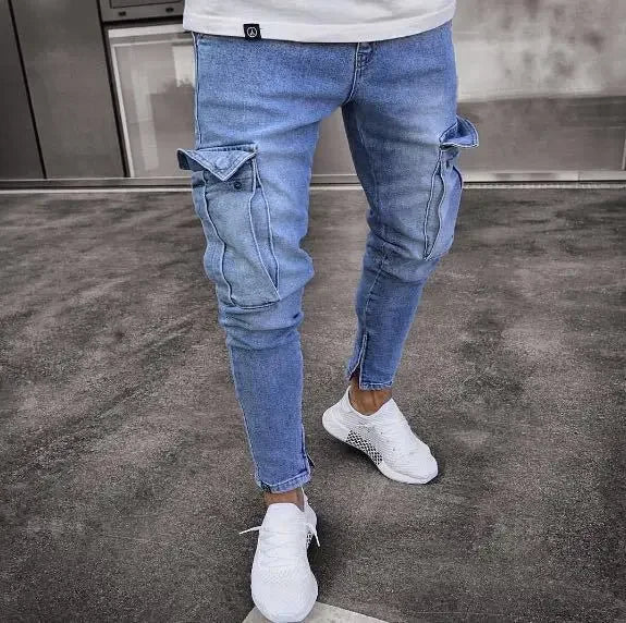 Men Jeans Pencil Pants Solid Denim Sheath Mid Waist Zipper Fly Pockets Slim Fit