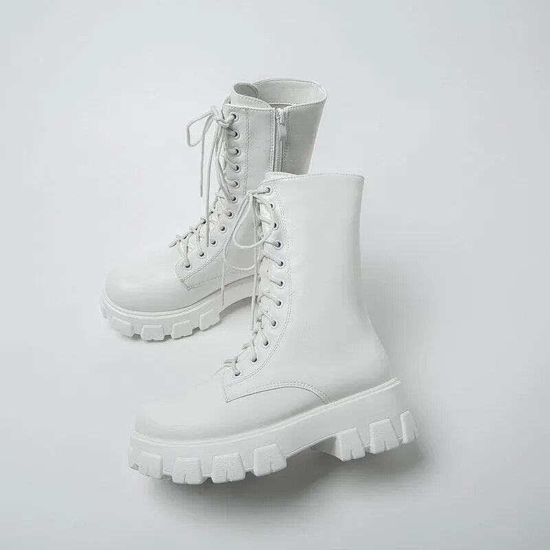 Mid Calf Boots Women Autumn Winter Fashion Lace-up Ladies Chelsea Zipper Botas