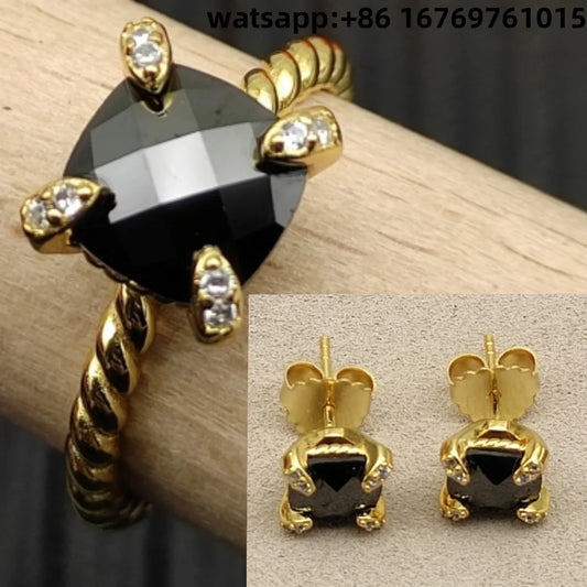 2025 New High-Quality Silver and Gold Color Set with 8mm Colorful Main Stone Elegant and simple Necklace Earring Set