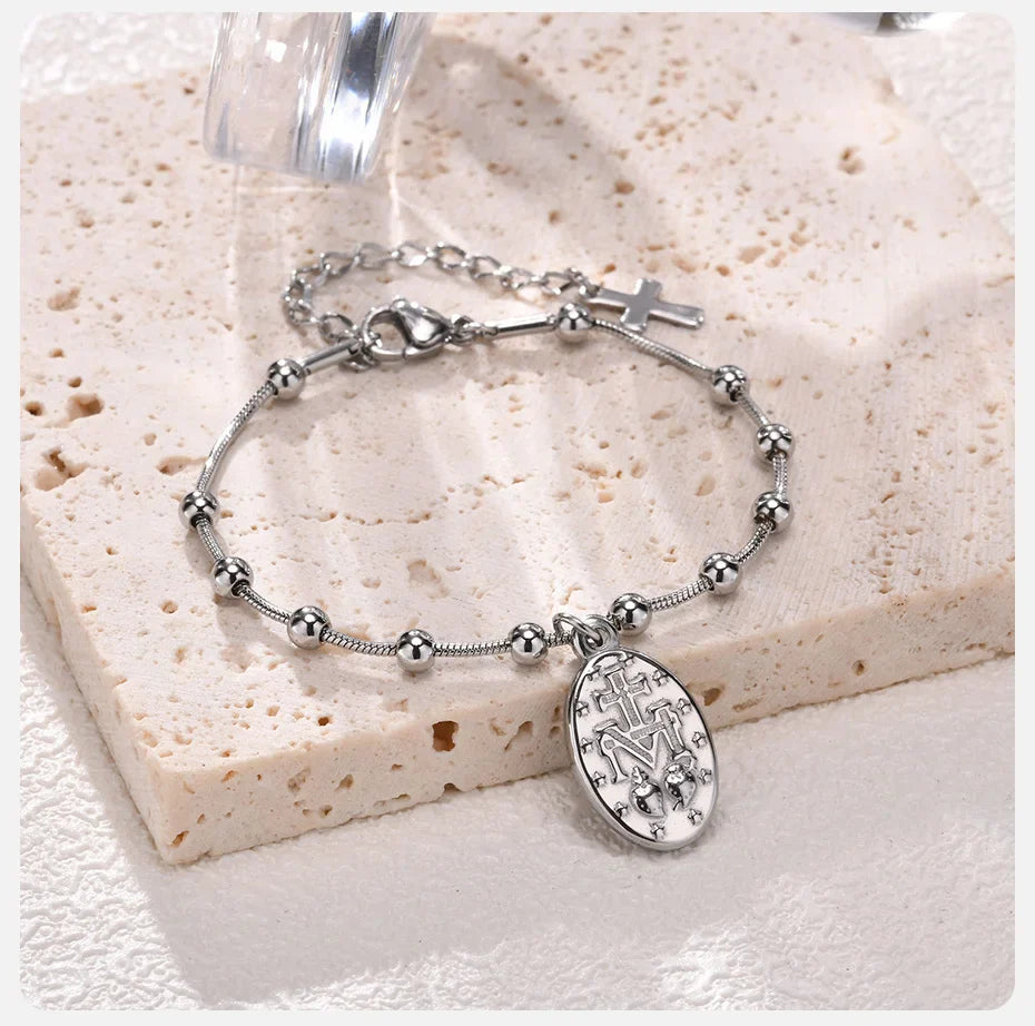 Vnox Rosary Bracelet for Women Girls, Gold Plated Stainless Steel Religious Cross and Virgin Mary Prayer Bracelets Gifts