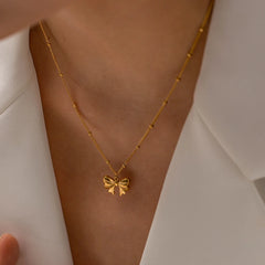 18K Gold Plated Charm Necklace Stainless Steel Bow Pendant Necklace for Women