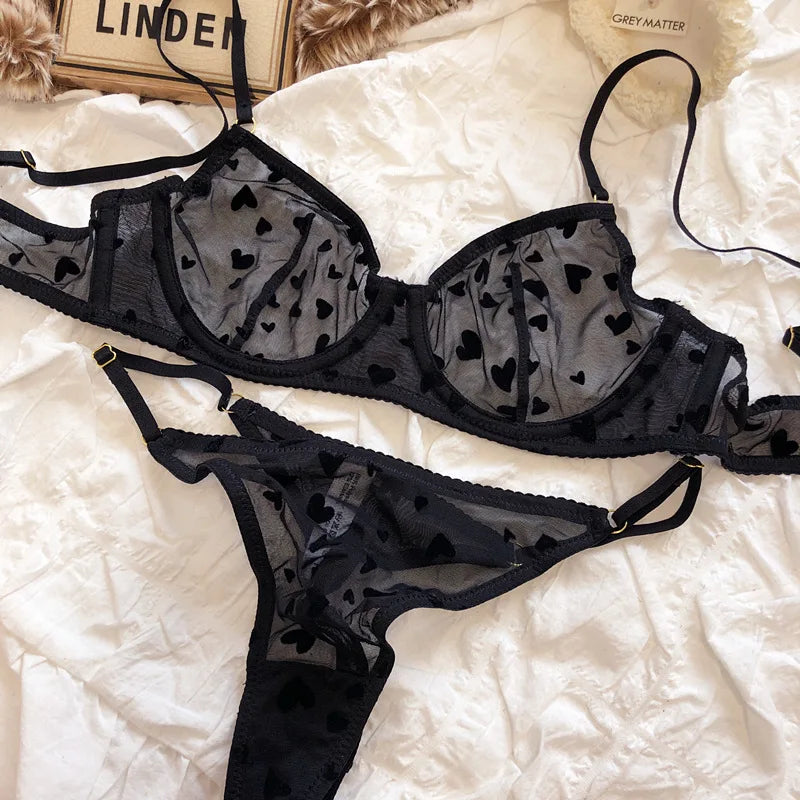 Lingerie Thongs Set Ultra Thin Transparent Bra Women Underwire Push Up Bra