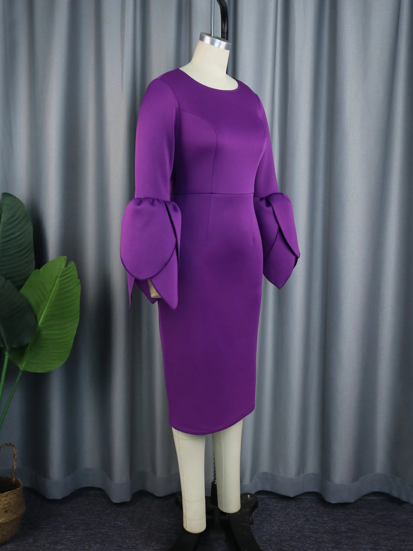 Purple Midi Dresses for Women Plus Size O Neck Long Ruffles Sleeve Elegant Formal Occasion Birthday Wedding Guest Evening Gowns