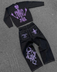 Harajuku denim skull embroidery jeans men's American style high street straight