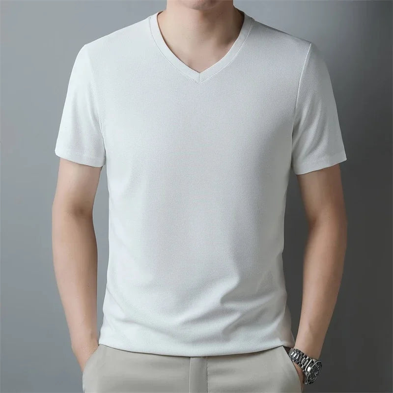 2024 Men's New Waffle V Neck Short Sleeved T-shirt Summer Comfortable Top