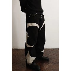 Y2k Men Black Baggy Jeans Spliced Leather High Street Loose Straight Casual Trousers