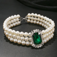 Multi Layered Simulated Pearl Green Crystal Choker Necklace Collar Statement