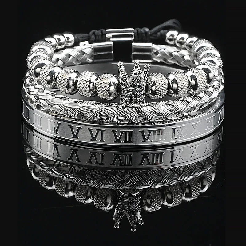 3Pcs Luxury Set Crown Charms Man Bracelet Roman Gold Women Bangles Hand Jewelry Valentine's Day Gift Creative Bracelet