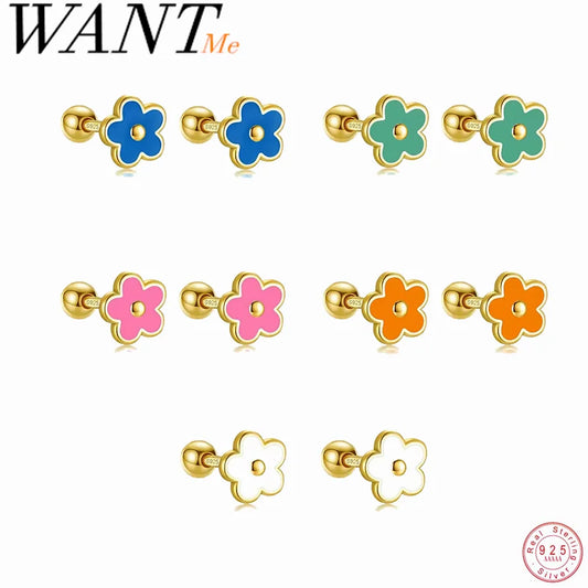 WANTME 925 Sterling Silver Romantic White Enamel Flower Screw Bead Stud Earrings for Women Fashion Simple Piercing Jewelry Gift