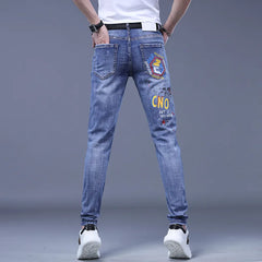 Fashion Printed Jeans Men's Korean Brand Embroidery Badge Pattern Youth Ripped