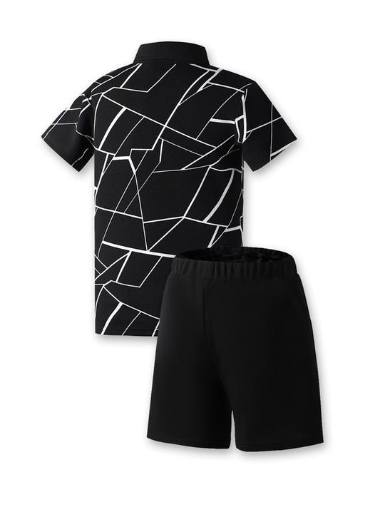 Tween Boy Summer 2pcs/Set Casual White Cracked Pattern Short Sleeve Tee & Plain Shorts Outfits